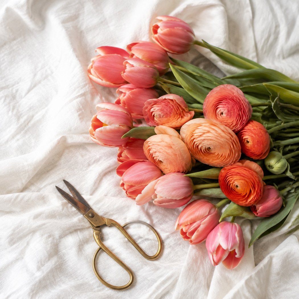 Liegender Strauß aus Tulpen und Ranunkeln auf Leinen