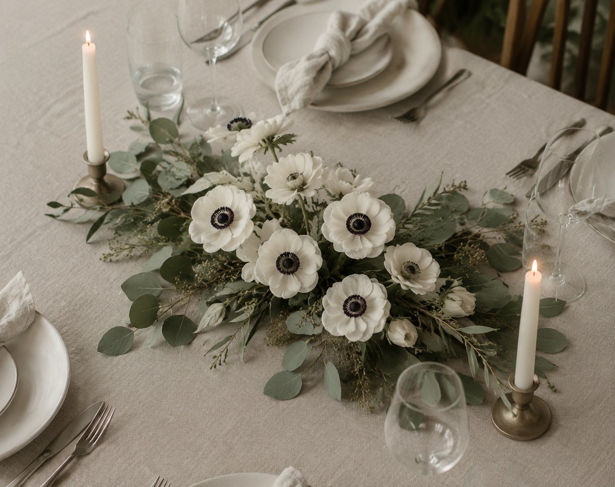 Flaches Tischgesteck aus weißen Anemonen zwischen Kerzen