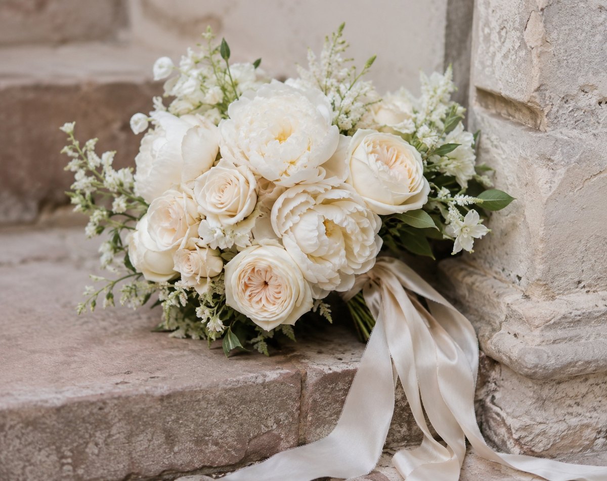 Brautstrauß aus cremefarbenen Rosen mit Seidenbändern