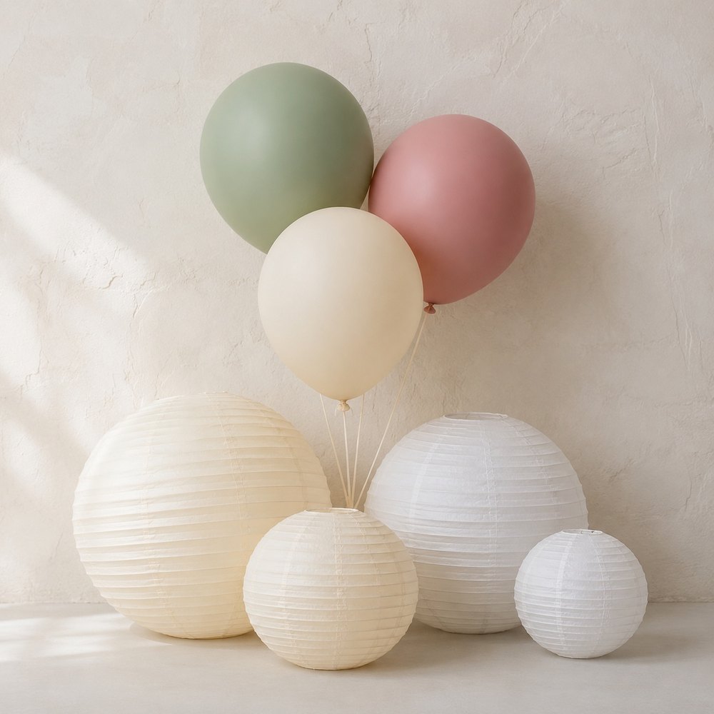 Zwölf matte Ballons, drei Lampions